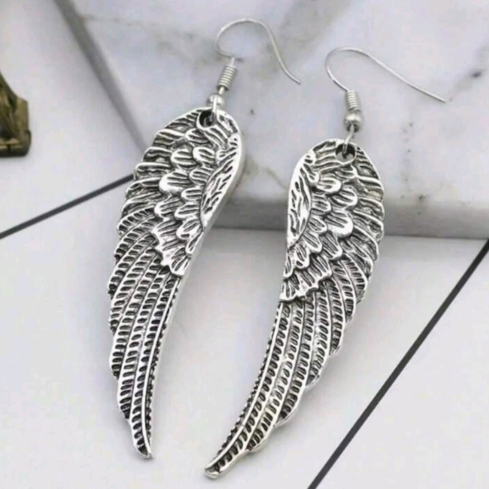 Silver Angel Wing Dangle Drop Earrings New!